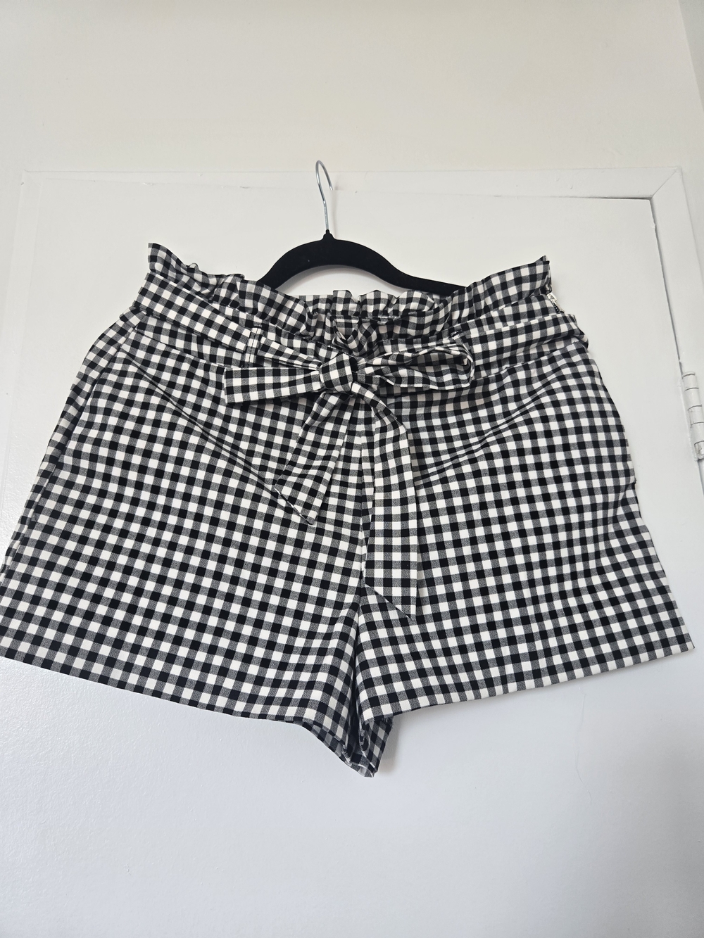 Zara Black and White Gingham High-Waist Paperbag Shorts